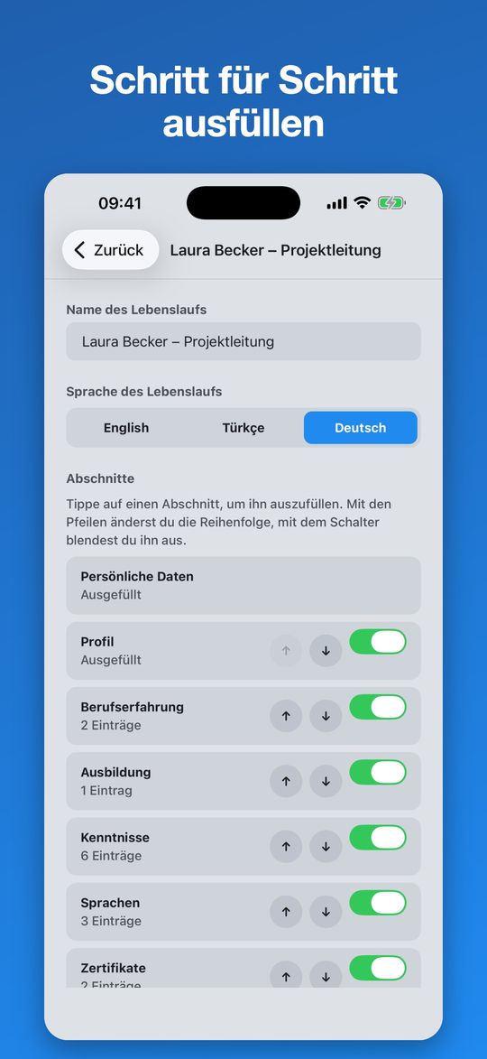 Lebenslauf-Editor mit allen Abschnitten