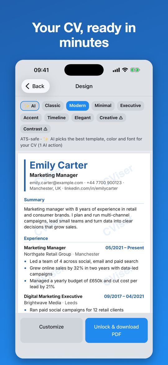 CViser showing a CV preview with the Modern template