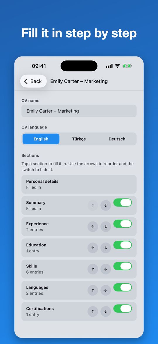 CV editor with all sections