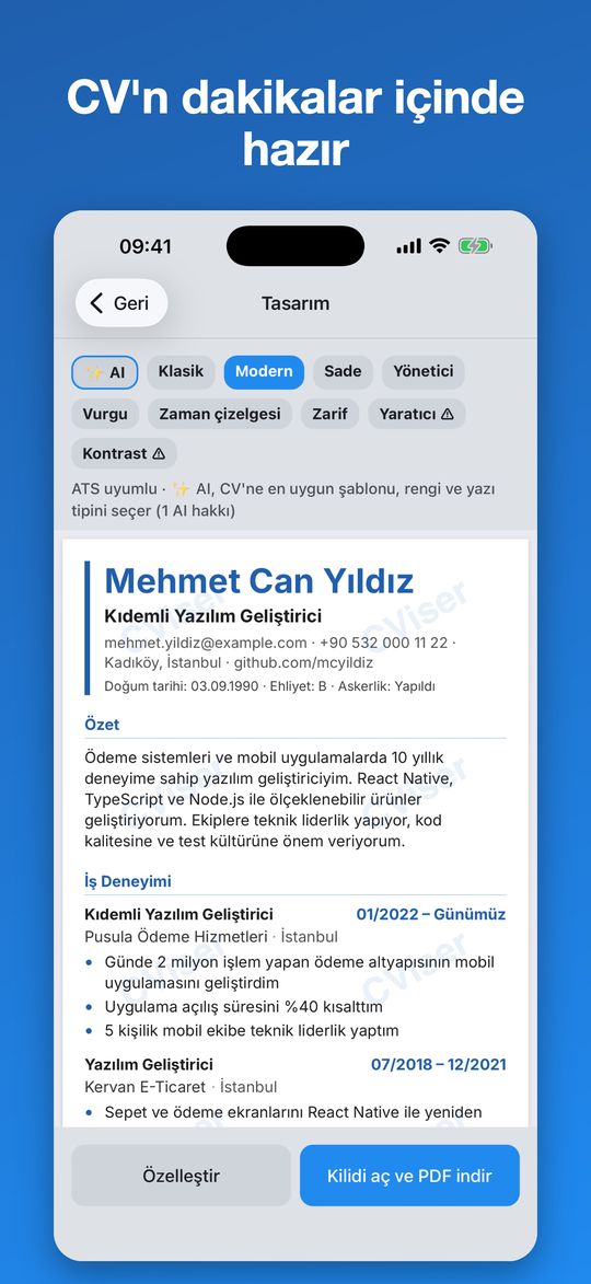 Modern şablonla CV önizlemesi